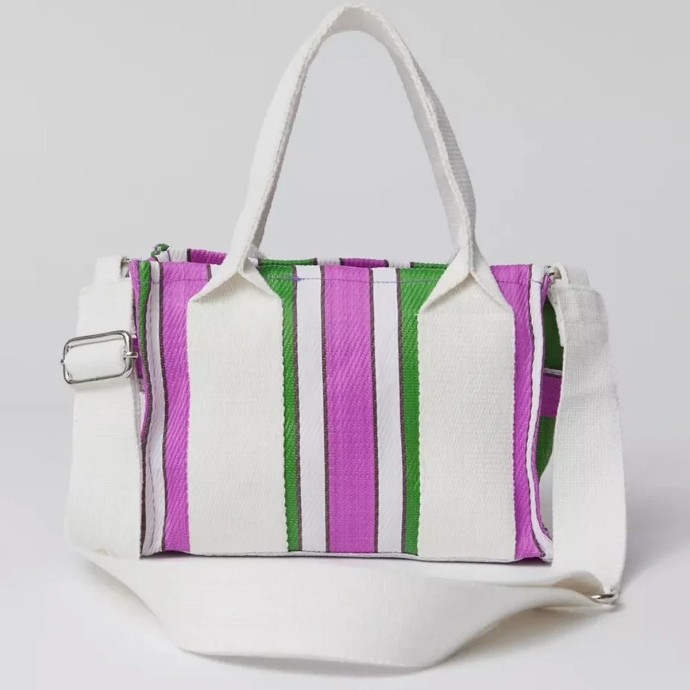 Striped Canvas Tote Bag in White, Pink & Green
